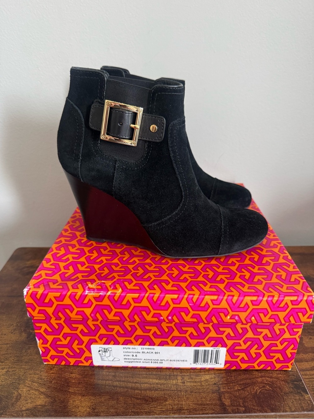 Tory Burch Black Suede Wedge Ankle Boots 9 1/2